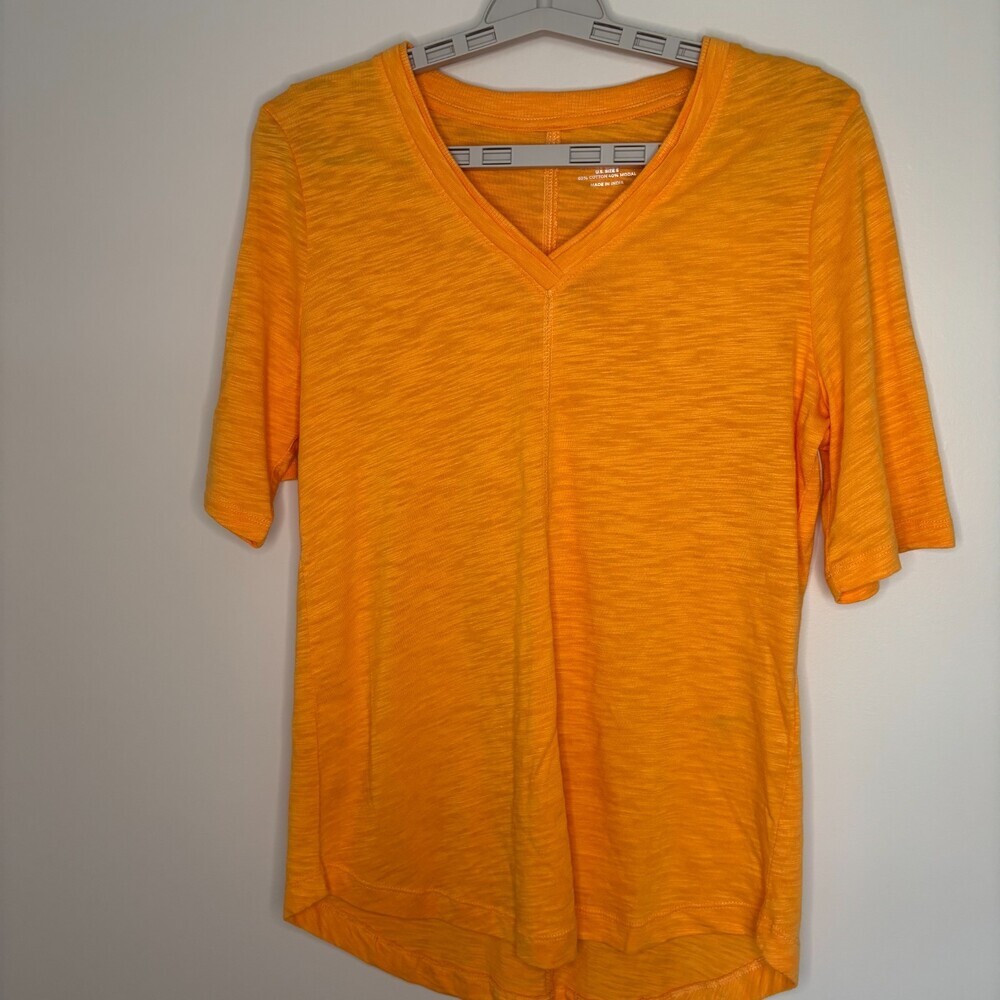 CHICO'S NEW Cotton Slub A Line Elbow Sleeve V-Neck Tee Womens S Orange Stretch